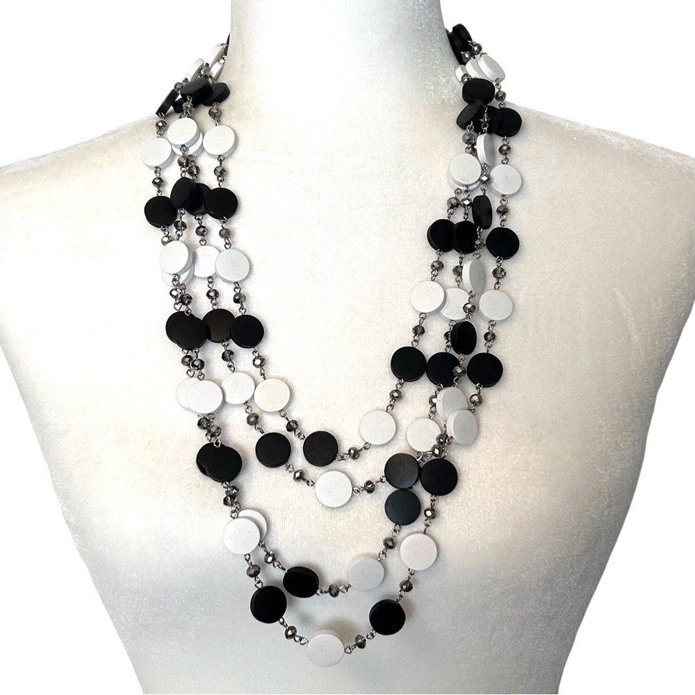 Black White Wooden Disc Facetted AB Crystals Necklace